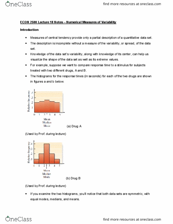 ECON 2500 Lecture Notes - Lecture 18: Central Tendency, List Of Statistical Packages, Squared Deviations From The Mean cover image