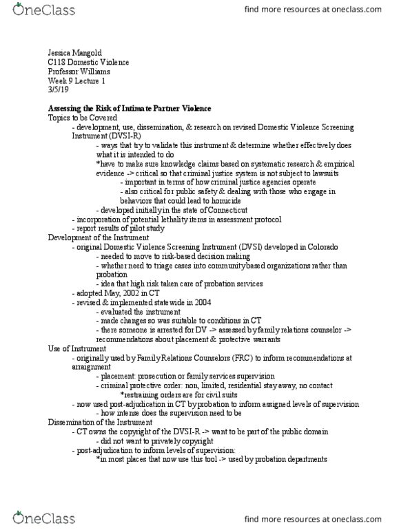 CRM/LAW C118 Lecture Notes - Lecture 16: Pre-Conception Counseling In The United States, Intimate Partner Violence, Triage thumbnail