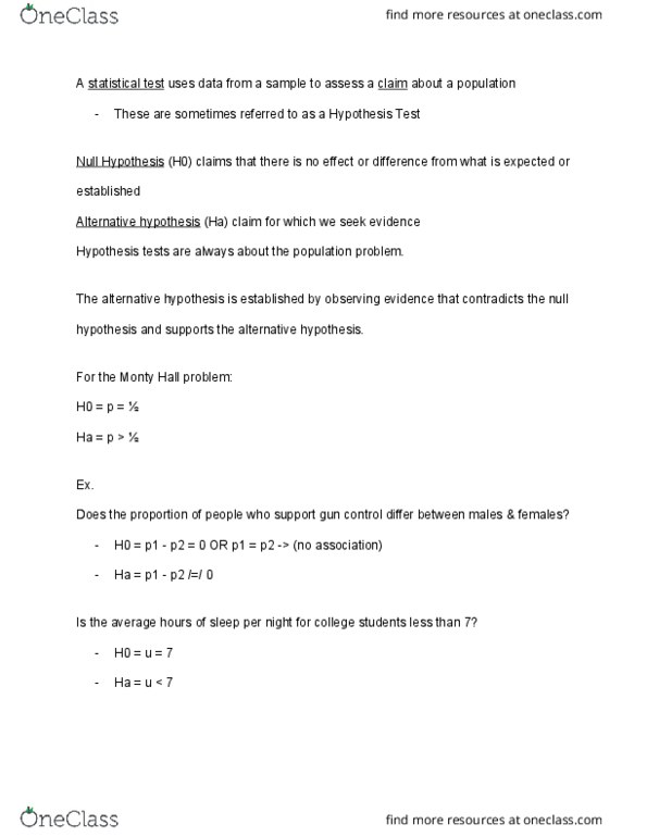 STAT 111 Lecture Notes - Lecture 12: Monty Hall Problem, Null Hypothesis, Alternative Hypothesis thumbnail