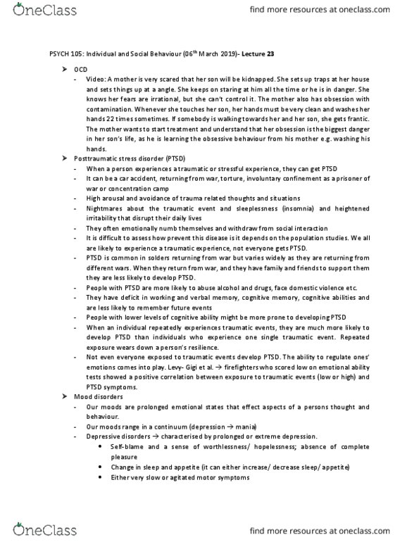 PSYCO105 Lecture Notes - Lecture 23: Posttraumatic Stress Disorder, Major Depressive Disorder, Insomnia thumbnail