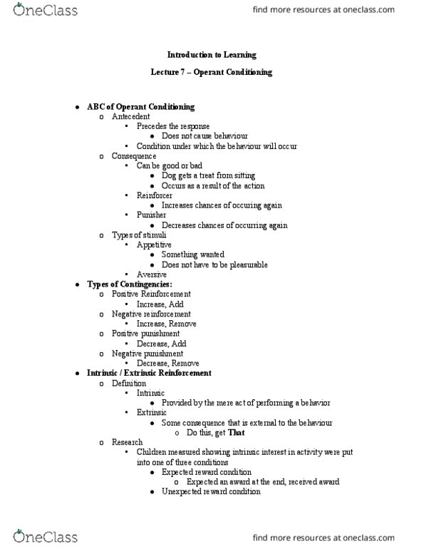 PSYC 2600H Lecture Notes - Lecture 7: Dornier Do X, Operant Conditioning, Reinforcement thumbnail