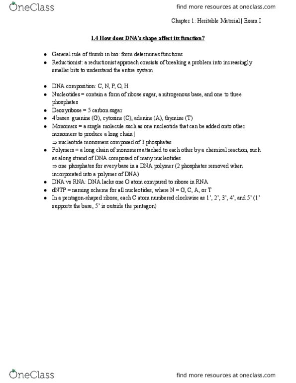 BIOL 030 Chapter Notes - Chapter 1: Pentagon, Reductionism, Ribose thumbnail