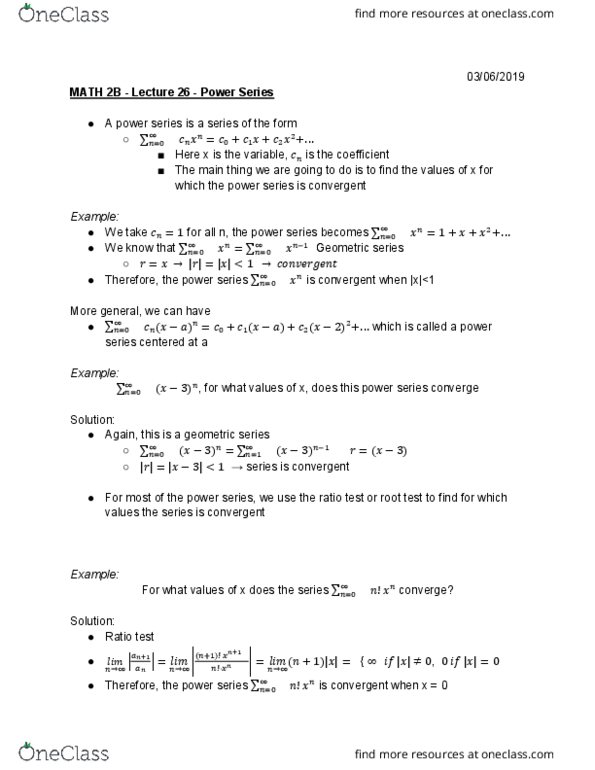 MATH 2B Lecture Notes - Lecture 26: Ratio Test, Bmw 1 Series, Direct Comparison Test cover image