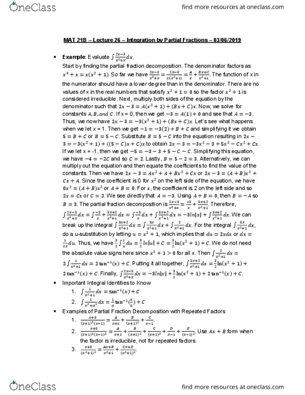 MAT 21B Lecture Notes - Lecture 26: Partial Fraction Decomposition, Polynomial Long Division thumbnail