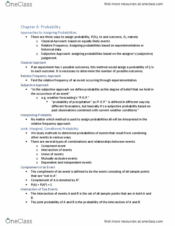 STAT-2066EL Chapter Notes - Chapter 6: Mutual Exclusivity, Frequency (Statistics), Conditional Probability thumbnail