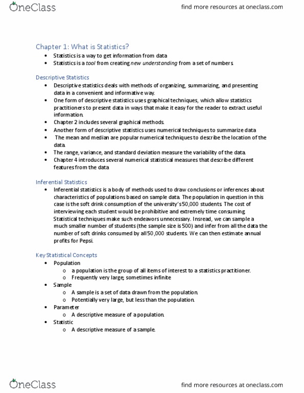 STAT-2066EL Chapter Notes - Chapter 1: Statistical Inference, Descriptive Statistics, Standard Deviation thumbnail