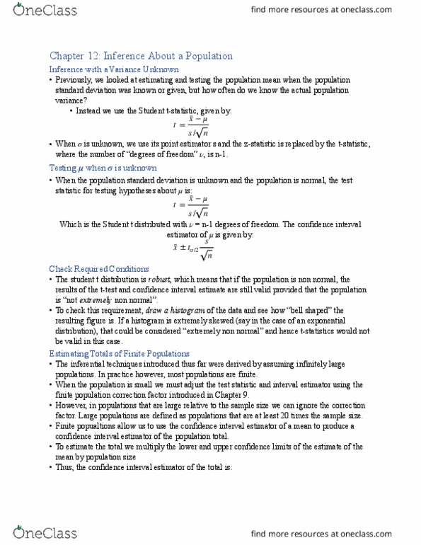 STAT-2066EL Chapter Notes - Chapter 12: Standard Error, Confidence Interval, Exponential Distribution thumbnail