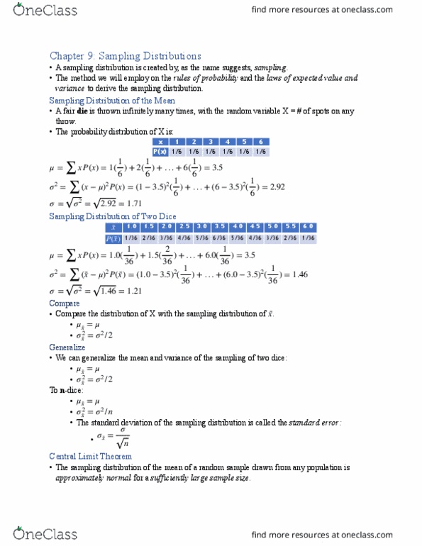STAT-2066EL Chapter Notes - Chapter 9: Central Limit Theorem, Normal Distribution, Sampling Distribution thumbnail