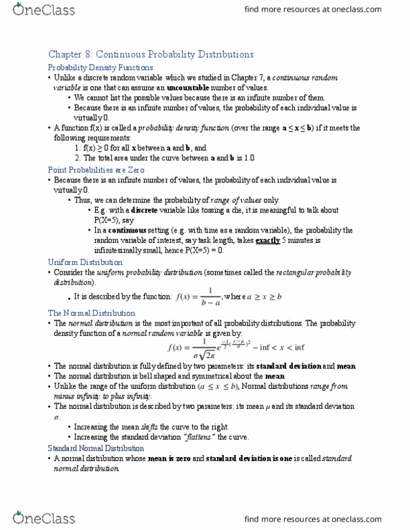 STAT-2066EL Chapter Notes - Chapter 8: Random Variable, Standard Deviation, Continuous Or Discrete Variable thumbnail