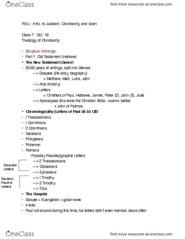 RELI 1710 Lecture Notes - Lecture 7: Pauline Epistles, First Epistle To The Thessalonians, Second Epistle To The Thessalonians thumbnail