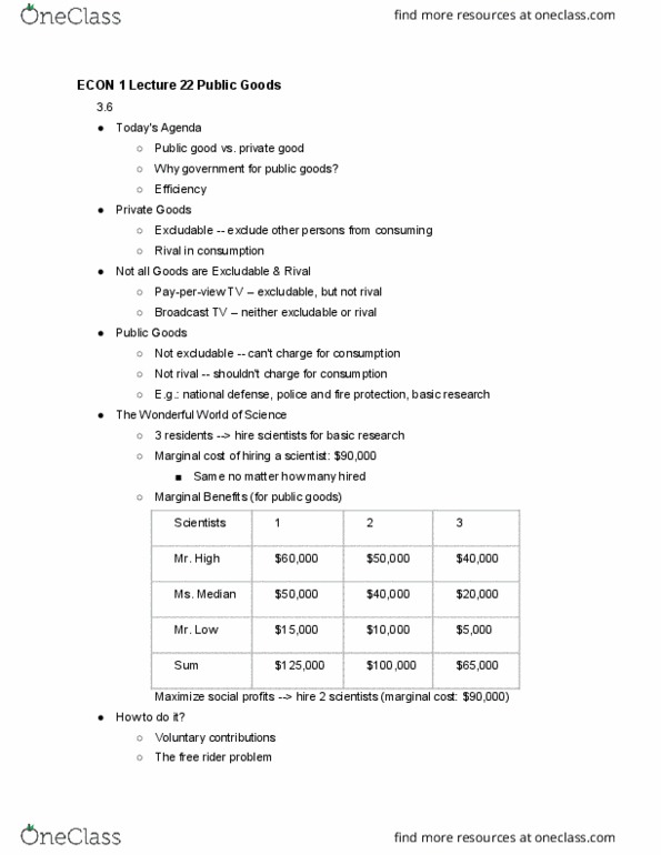 ECON 1 Lecture Notes - Lecture 26: Free Rider Problem, Public Good, Private Good cover image