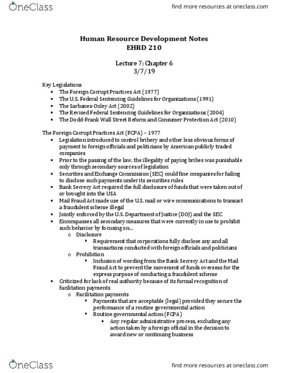 EHRD 210 Lecture Notes - Lecture 7: Foreign Corrupt Practices Act, Bank Secrecy Act, United States Federal Sentencing Guidelines thumbnail