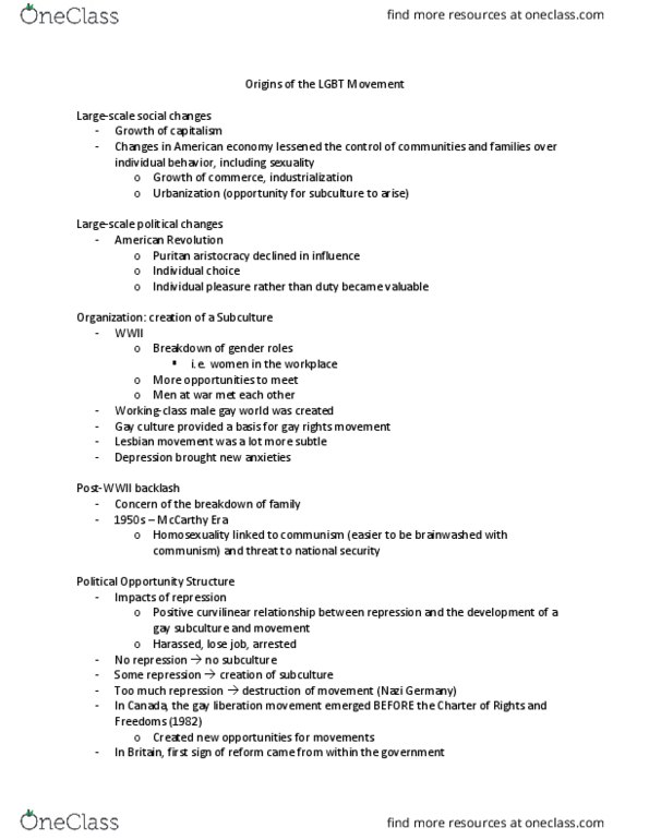 SOC 0352 Lecture Notes - Lecture 11: Mccarthyism, Gay Liberation, Stonewall Riots thumbnail