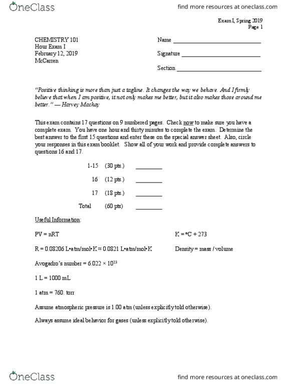 CHEM 101 Final UIUC CHEM 101 Chem 101 Spring 2019 Exam 1 Final OneClass