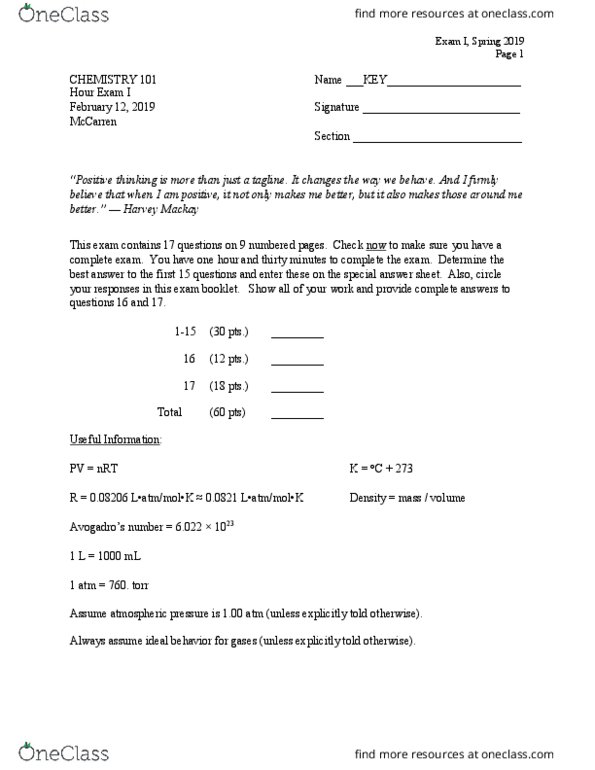 CHEM 101 Final UIUC CHEM 101 Chem 101 Spring 2019 Exam 1 Final KEY_2