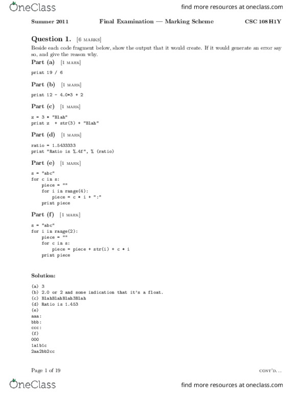 CSC108H1 Midterm: UTSG CSC 108 summer2011_sol - OneClass