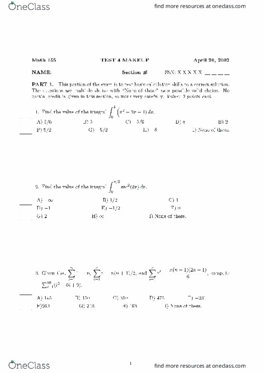 Study Guides for MATH 155 at West Virginia University (WVU) OneClass