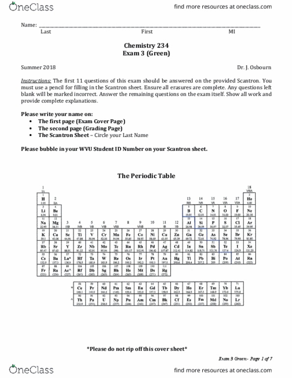 CHEM 234 Midterm: WVU CHEM 234 234 Exam 3 - Sum18 (Green) - OneClass