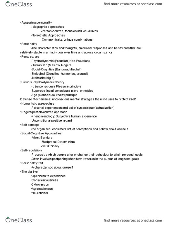 PSY100H1 Lecture Notes - Lecture 11: Reality Principle, Trait Theory, Psychodynamics thumbnail