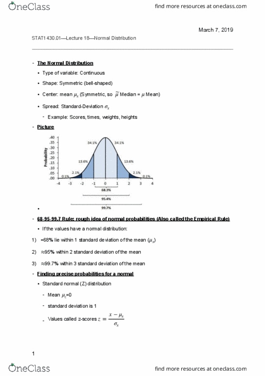 STAT 1430 Lecture Notes - Lecture 18: Standard Deviation, Random Variable, Percentile cover image