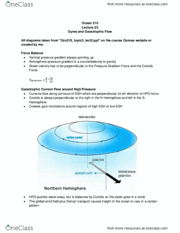 OCEAN 210 Lecture Notes - Lecture 22: Coriolis Force, Ekman Transport, Atmospheric Pressure thumbnail