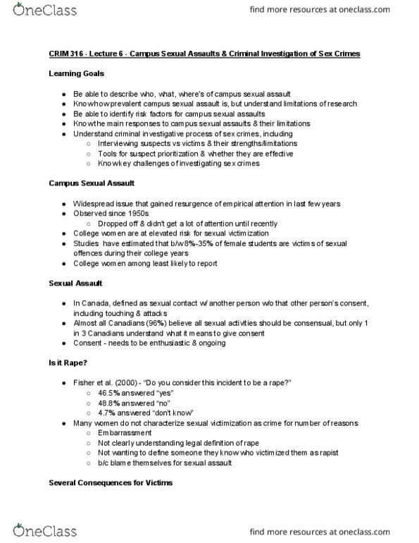 CRIM 316 Lecture Notes - Lecture 6: Posttraumatic Stress Disorder, Venn Diagram, Investigating Sex thumbnail