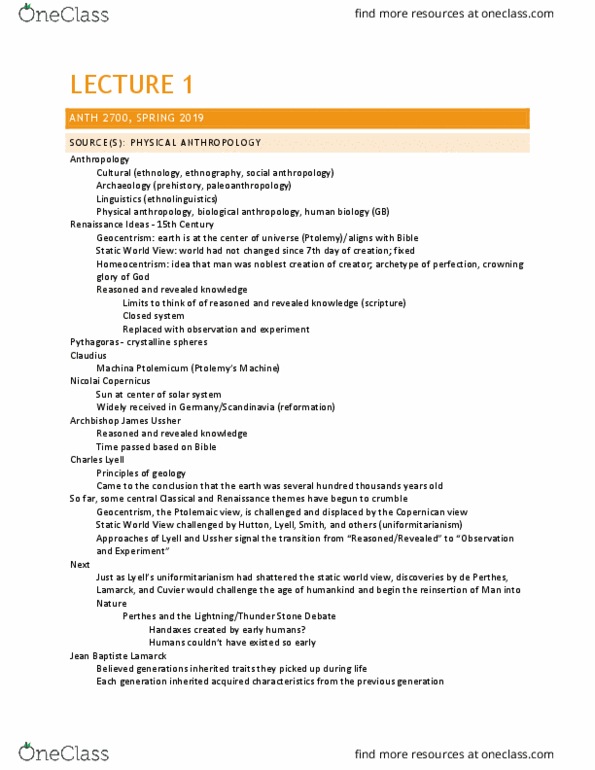 ANTH 2700 Lecture Notes - Lecture 1: Jean-Baptiste Lamarck, James Ussher, Central Dogma Of Molecular Biology thumbnail