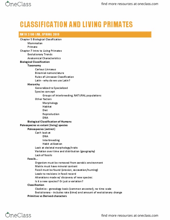 ANTH 2700 Lecture Notes - Lecture 7: Binomial Nomenclature, Primate, Species Problem thumbnail