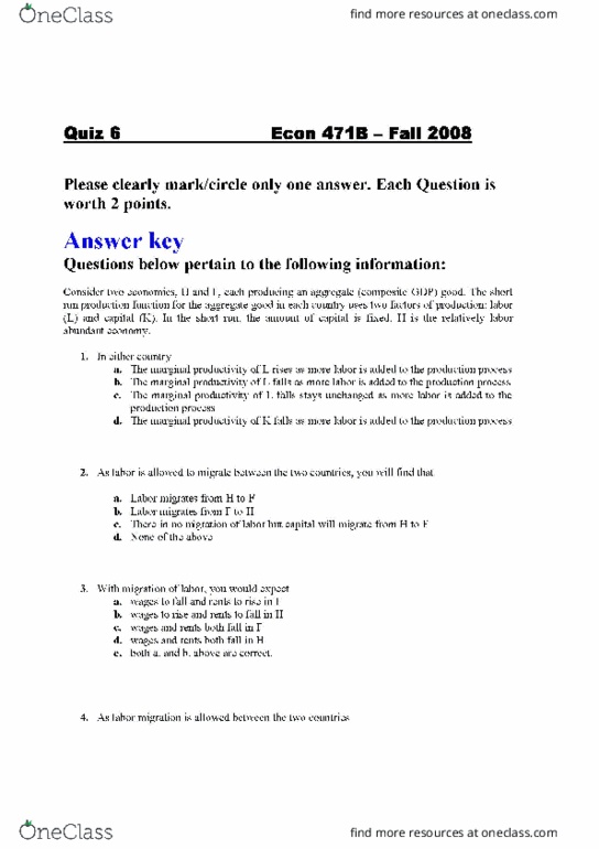 Econ 471 Quiz 6 Answer Key Oneclass