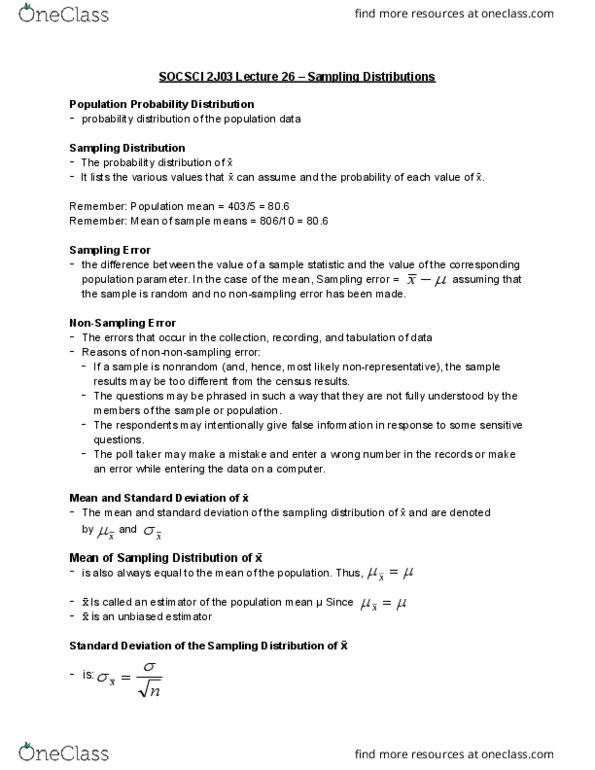 SOCSCI 2J03 Lecture Notes - Lecture 26: Non-Sampling Error, Sampling Distribution, Bias Of An Estimator thumbnail