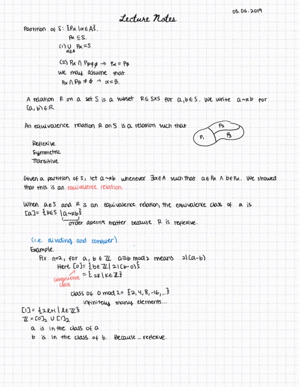 MTH 355 Lecture Notes - Lecture 24: Modular Arithmetic, Equivalence Class, Disjoint Sets thumbnail