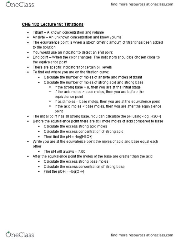 CHE 132 Lecture Notes - Lecture 18: Titration Curve, Equivalence Point, Titration cover image