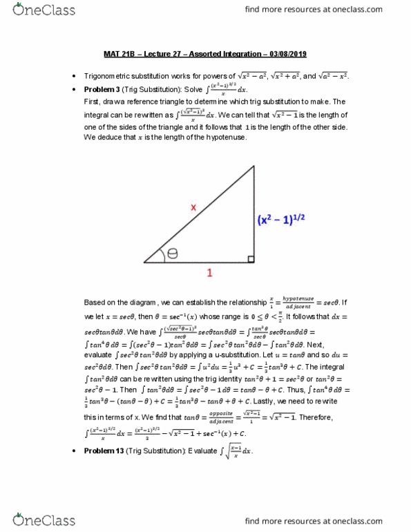 MAT 21B Lecture Notes - Lecture 27: Trigonometric Substitution, Hypotenuse cover image