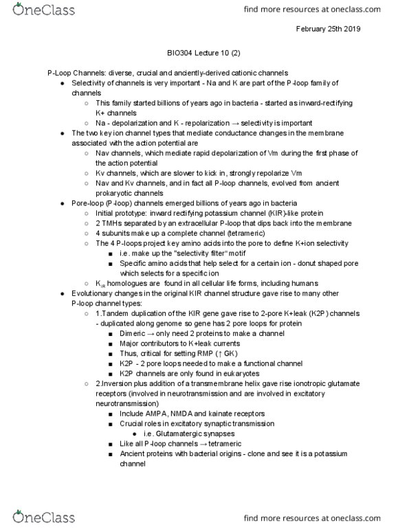 BIO304H5 Lecture Notes - Lecture 10: Potassium Channel, Glutamatergic, Ligand-Gated Ion Channel thumbnail