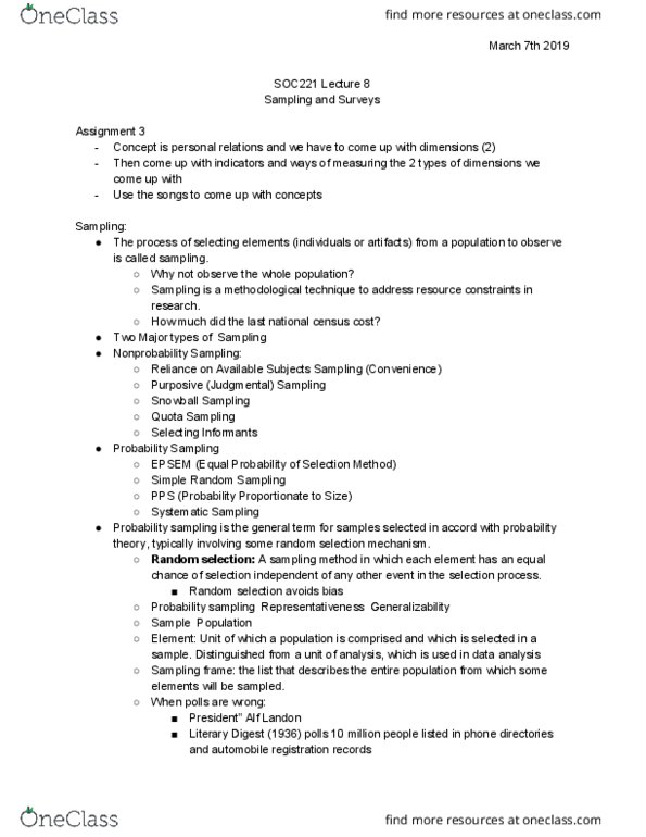 SOC221H5 Lecture Notes - Lecture 13: Simple Random Sample, Alf Landon, Sampling Error thumbnail