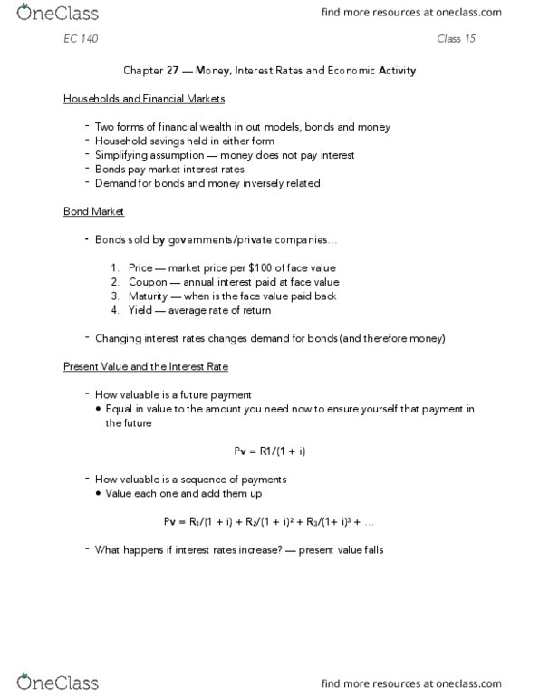 EC140 Lecture Notes - Lecture 15: Chapter 27, Demand For Money, Market Price thumbnail