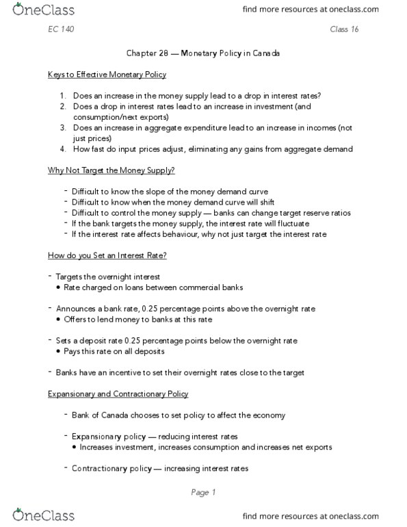 EC140 Lecture Notes - Lecture 16: Overnight Rate, Monetary Policy, Aggregate Demand thumbnail