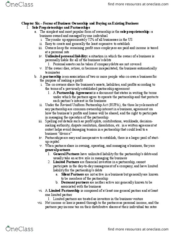 Mar 3765 Chapter Notes - Chapter 6: Uniform Partnership Act, Sole Proprietorship, Limited Liability Company thumbnail