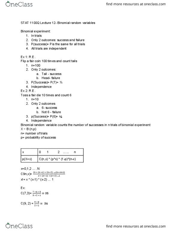 STAT 1100Q Lecture Notes - Lecture 12: Binomial Distribution, Alltrials, Fair Coin thumbnail