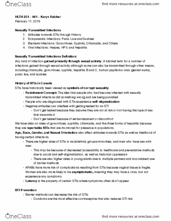 HLTH 251 Lecture Notes - Lecture 9: Sexually Transmitted Infection, Genital Wart, Gonorrhea thumbnail