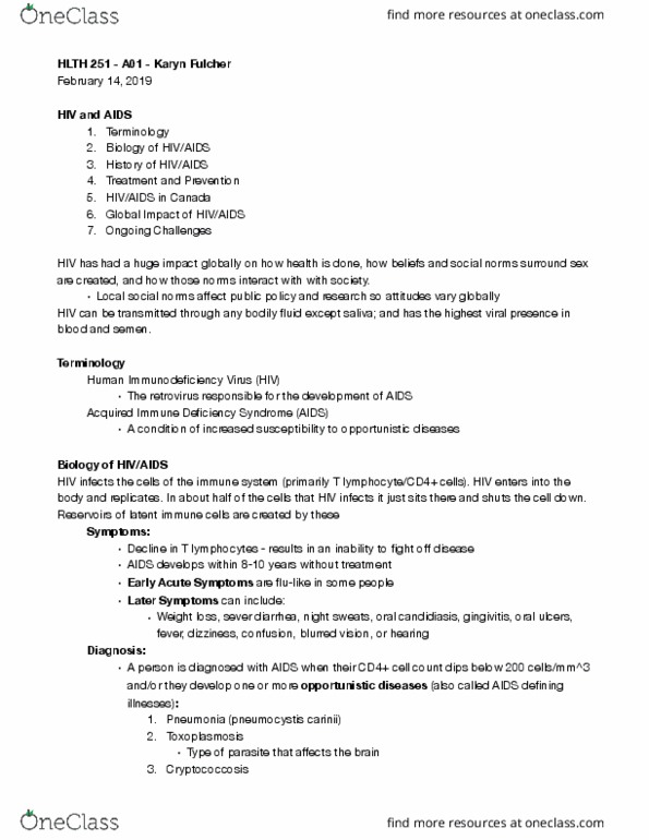 HLTH 251 Lecture Notes - Lecture 10: Pneumocystis Jirovecii, Cryptococcosis, List Of Countries' Copyright Lengths thumbnail