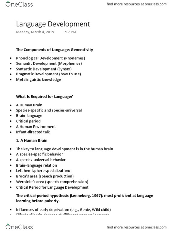 PSY 302 Lecture Notes - Lecture 8: Language Proficiency, Exaggeration, Eric Lenneberg thumbnail