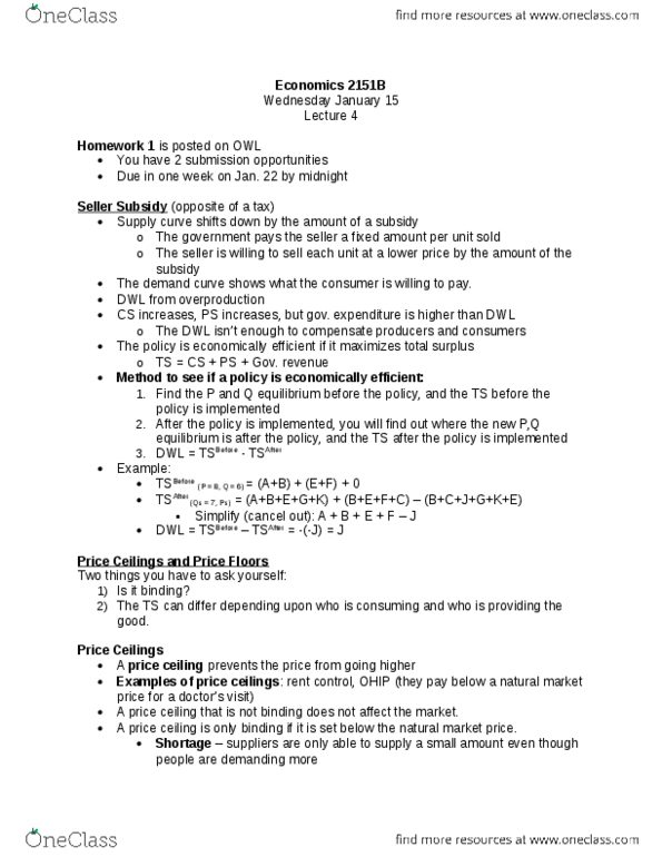 Economics 2150A/B Lecture Notes - Lecture 4: Monopsony, Price Ceiling, Ontario Health Insurance Plan thumbnail