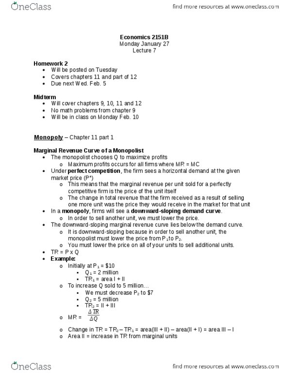 Economics 2150A/B Lecture Notes - Lecture 7: Oligopoly, Statics, Comparative Statics thumbnail