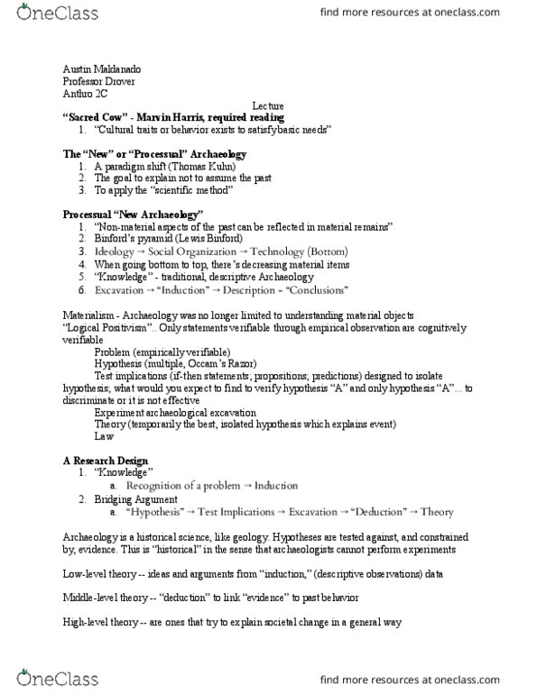 ANTHRO 2C Lecture Notes - Lecture 39: Lewis Binford, Marvin Harris, Thomas Kuhn thumbnail