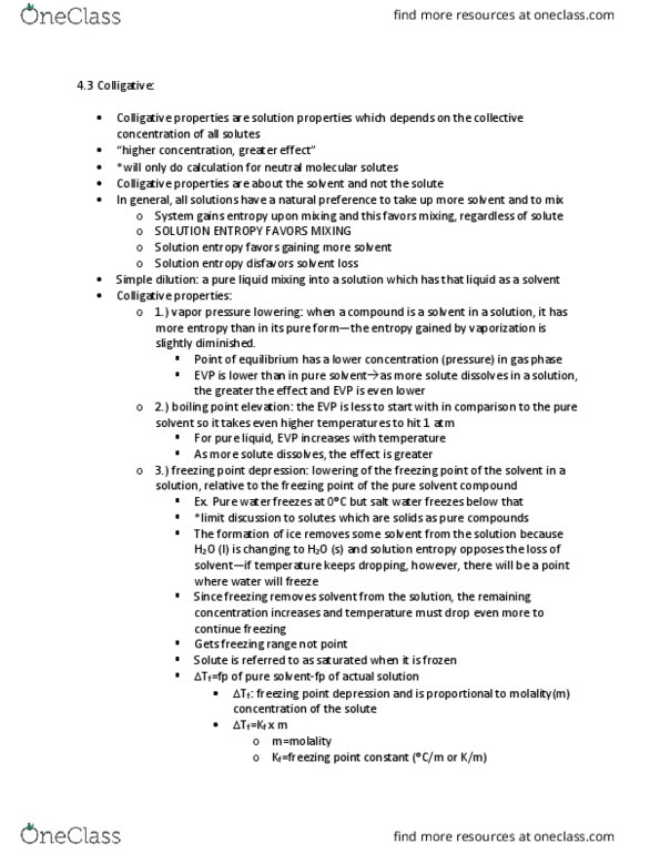 CHEM 202 Chapter Notes - Chapter 43: Freezing-Point Depression, Colligative Properties, Boiling-Point Elevation thumbnail