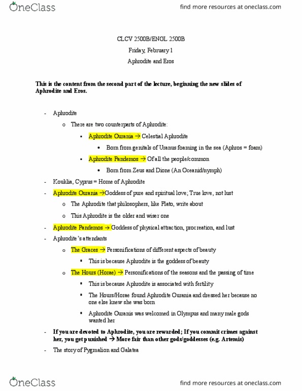 CLCV 2500 Lecture Notes - Lecture 8: Aphrodite Urania, Aphrodite Pandemos, Horae thumbnail