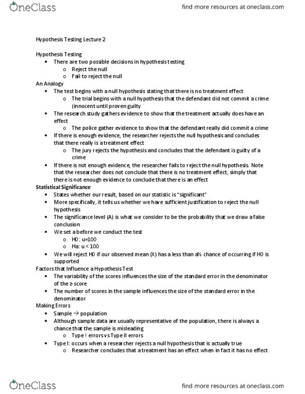 PSYC 21621 Lecture Notes - Lecture 19: Type I And Type Ii Errors, Null Hypothesis, Statistical Hypothesis Testing thumbnail