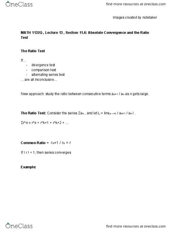 MATH 1132Q Lecture Notes - Lecture 13: Alternating Series Test, Absolute Convergence, Ratio Test cover image