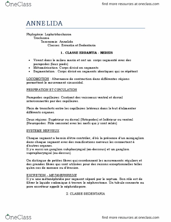 BIO 2535 Lecture Notes - Lecture 9: Annelid, Lophotrochozoa, Regions Of France thumbnail